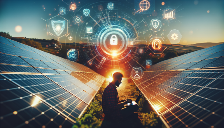 Imagen que fusiona la protección de la ciberseguridad con la sostenibilidad de la energía solar, simbolizando la importancia de mantener seguros los sistemas en un entorno energético renovable. Fusión visual de ciberseguridad y energía solar, destacando la importancia de proteger los sistemas en un entorno energético sostenible.