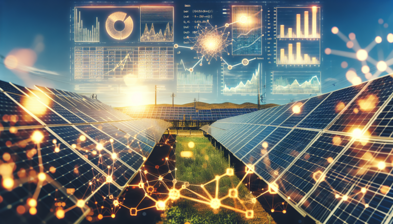 Ilustración que fusiona los conceptos de Ciencia de Datos y Energía Solar. En un primer plano se muestra un esquema representativo de Ciencia de Datos, y de fondo se ve un paisaje solar. Una combinación perfecta de tecnología y sostenibilidad. Ilustración representativa de la fusión entre Ciencia de Datos y Energía Solar, con un esquema técnico sobre un fondo solar. Símbolos que unen innovación y energía renovable.