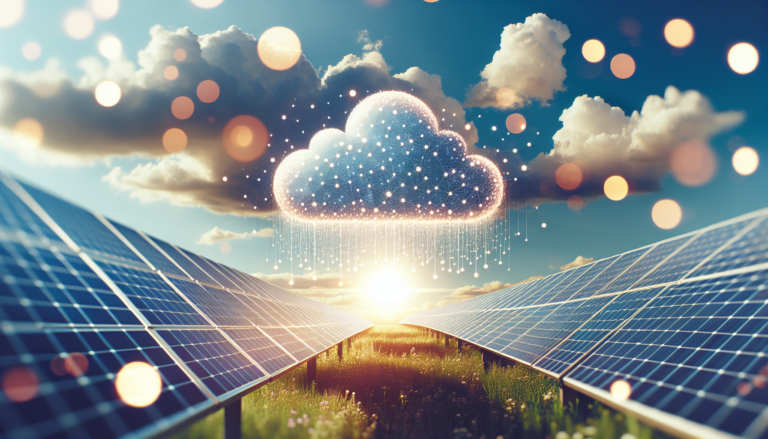 Fotografía de un paisaje con nubes y paneles solares, representando la conjunción de Cloud Computing y Energía Solar, tecnologías clave en el futuro sostenible de la humanidad. Nubes y paneles solares en un paisaje simbolizando la relación entre Cloud Computing y Energía Solar.