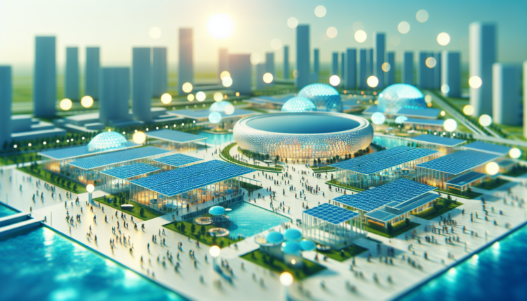 Vista panorámica de un complejo turístico integrado con energía solar, resaltando la combinación de arquitectura moderna y sostenible. Ilustración de la sinergia entre turismo y energía renovable. Complejo turístico y energía solar fusionados en diseño arquitectónico sostenible y vanguardista. Representación gráfica ecléctica.