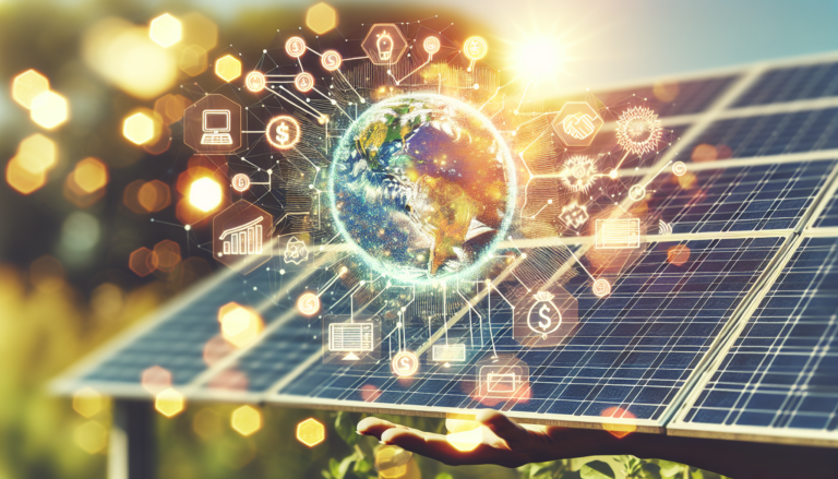 Fondo fusionando 'Compra de Energía' y Energía Solar y esquema ilustrativo. Visualización detallada de la integración de los procesos de compra energética en la industria de energía solar.