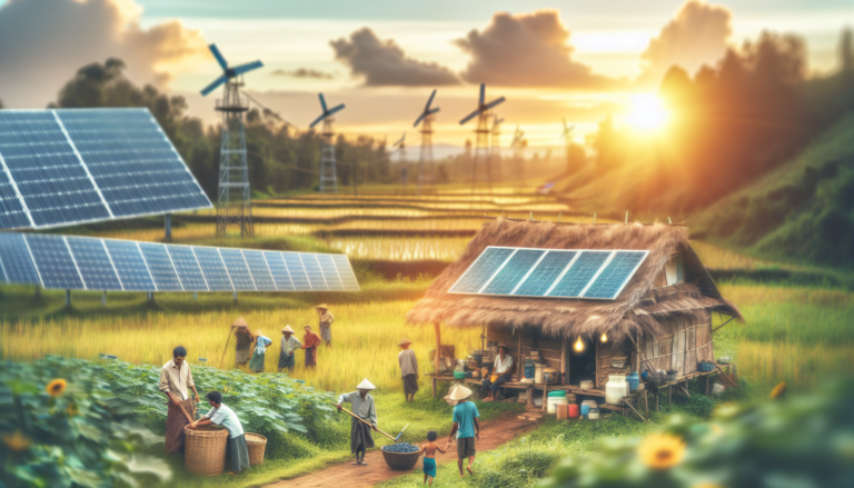 Ilustración de una comunidad energética rural integrando tecnologías solares en su vida cotidiana para fomentar la sostenibilidad y la autonomía energética. Ilustración de comunidad energética rural adoptando energía solar para promover sostenibilidad y autonomía energética.