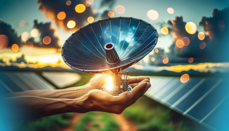 Concentrador Solar interactuando con el sol, generando energía limpia y renovable. Esquema detallado del funcionamiento del concentrador solar.