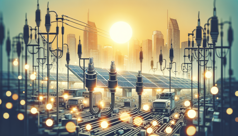 Fondo mostrando una mezcla de Conectores Eléctricos y Energía Solar con un esquema simbolizando los conectores eléctricos. Imagen ilustrativa sobre la interacción entre conectividad y energía solar. Fondo con Conectores Eléctricos y Energía Solar, junto a un esquema representando los conectores eléctricos. Conexión vital entre energía solar y la red eléctrica.