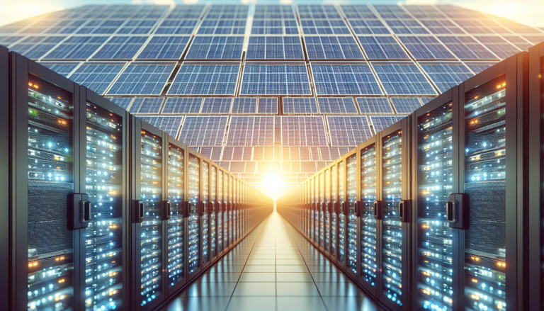 Representación visual de la integración de un Datacenter con Energía Solar, mostrando la importancia de la eficiencia energética en entornos tecnológicos. Esquema ilustrativo de la integración de un Datacenter con Energía Solar, destacando la eficiencia energética en el sector tecnológico.