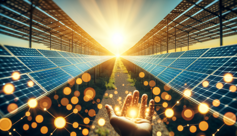 Visión general de la relación entre la Demanda Energética y la Energía Solar, representadas en una única imagen simbólica que destaca la importancia del equilibrio energético. Fondo que fusiona la temática de la Demanda Energética con la Energía Solar junto a un esquema ilustrativo de la demanda de energía que enfrentamos.