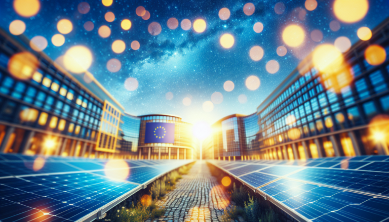 Fondo con Directivas Europeas y Energía Solar, acompañado por esquema representativo. Enfoque en normativas de energía renovable.