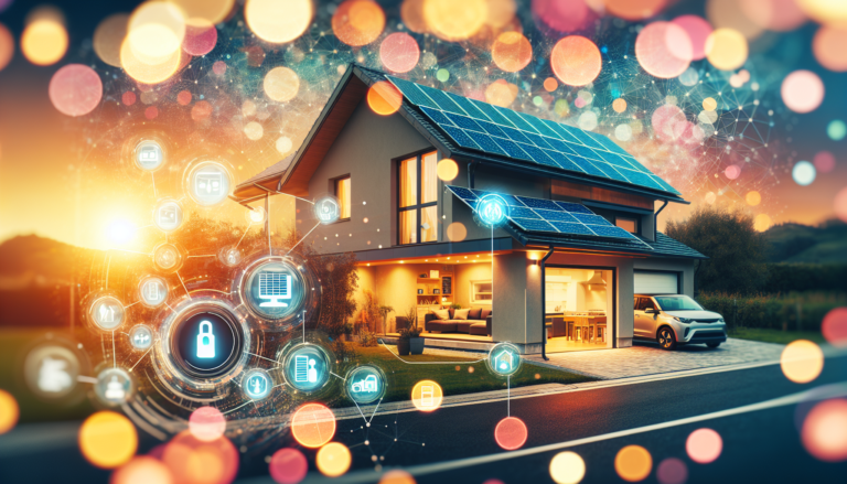 Aplicación de la domótica en el hogar para el aprovechamiento de la energía solar: un paso hacia un futuro más sostenible y eficiente. Domótica y energía solar se unen en una imagen conceptual que muestra una casa automatizada y eficiente energéticamente.