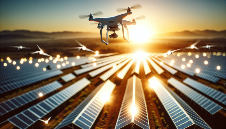 Imagen de drones sobrevolando una instalación de energía solar, representando la integración de tecnologías limpias. En primer plano, un esquema detallado de un dron con paneles solares. Drones sobre parque solar, fusionando tecnologías limpias. Esquema de dron con paneles en primer plano.