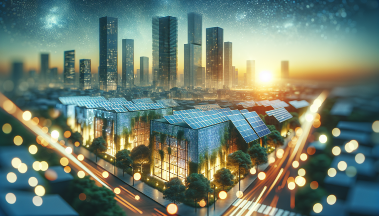 Visión de futuro: Integración entre ECCN y Energía Solar en la imagen que simboliza la eficiencia energética y sostenibilidad en la construcción. Fondo con ECCN y Energía Solar, y esquema representativo de la alta eficiencia energética en edificios.