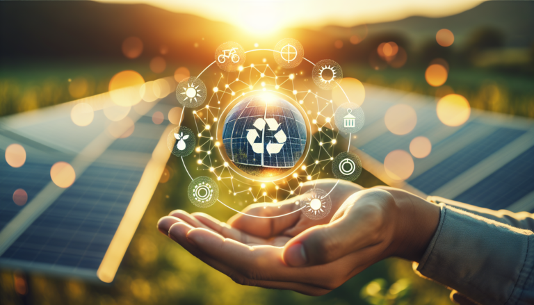 Ilustración de fondo fusionando Economía Circular y Energía Solar con esquema representativo. Síntesis visual potente de la unión entre ambos conceptos claves.