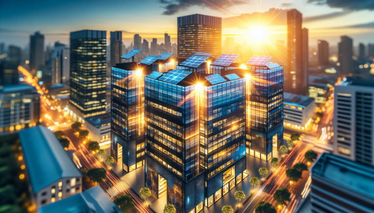 Fondo de Edificios Comerciales y Energía Solar junto con Esquema de arquitectura empresarial. Ilustración simbolizando integración de energías limpias en edificaciones urbanas.