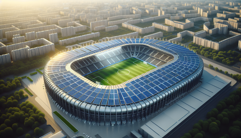 Complejo deportivo con arquitectura sostenible combina la práctica deportiva y la tecnología solar en un diseño moderno y funcional. Fondo de edificios deportivos con energía solar y esquema ilustrativo. Arquitectura sostenible y moderna en edificación deportiva.