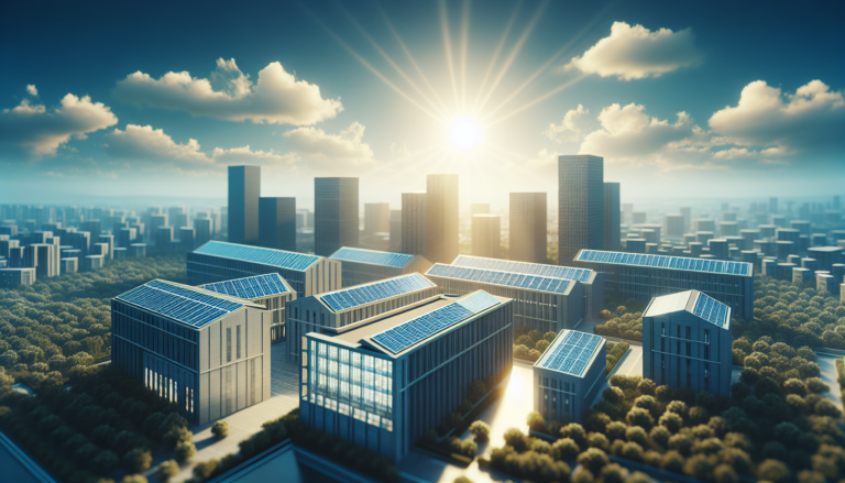 Esquema de solarización de Edificios Dotacionales en una imagen de arquitectura urbana, simbolizando la integración de energía solar en espacios comunitarios.