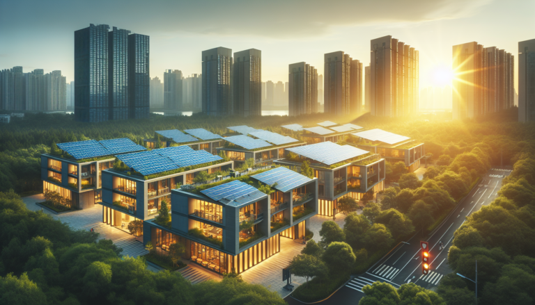 Edificios Energía Positiva integrados con la Energía Solar representados en un diseño visual impactante que resalta la sostenibilidad y eficiencia Diseño visual que fusiona la sostenibilidad de los edificios positivos con la energía solar en un arte urbano moderno