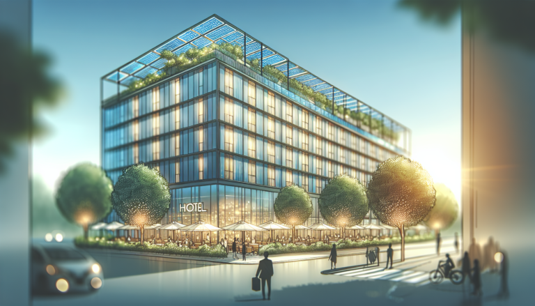 Impresionante panorama: la fusión visual entre Edificios Hoteleros y Energía Solar en una simbiosis arquitectónica moderna y eficiente. Imagen con fondo combinando Edificios Hoteleros y Energía Solar, resalta similitudes y sinergias de ambas temáticas.