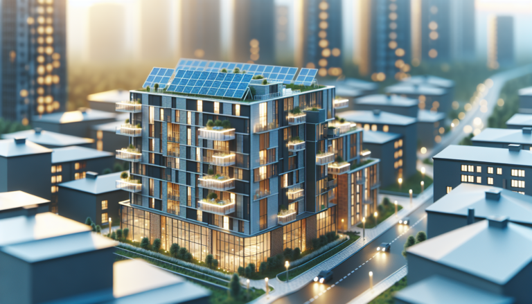 Vista urbana con la combinación de Edificios Residenciales y Energía Solar en un paisaje moderno y sostenible. Imagen de edificios residenciales integrados con paneles solares para una energía limpia y renovable.