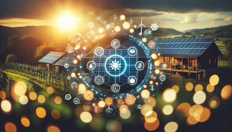 Fondo conceptual de Eficiencia Energética y Energía Solar junto a un esquema representativo del ahorro y la sostenibilidad, simbolizando los beneficios de estas soluciones innovadoras. Fondo mezclando Eficiencia Energética y Energía Solar con un esquema sostenible y de ahorro energético, transmitiendo la unión entre innovación y sustentabilidad.