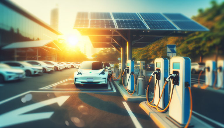 Imagen de fondo con electrificadoras combinado con elementos de energía solar, acompañado de un esquema simbolizando la temática de electrificadoras. Concepto visual innovador y representativo de la fusión entre la energía solar y la infraestructura de carga para vehículos eléctricos. Fondo de electrificadoras y energía solar fusionados, junto a un esquema representativo. Ilustración detallada de la integración entre la energía solar y la red de recarga para vehículos eléctricos.