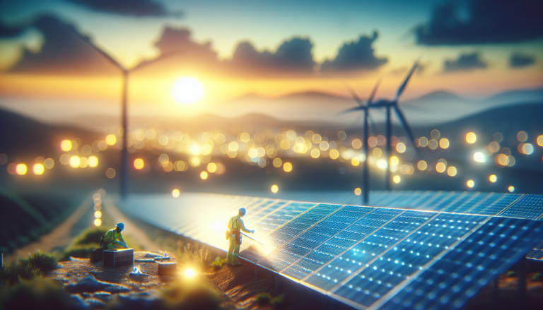 Composición de Energía Renovable, Energía Solar y símbolos. Ilustración que muestra la fusión de tecnologías limpias y sostenibles.