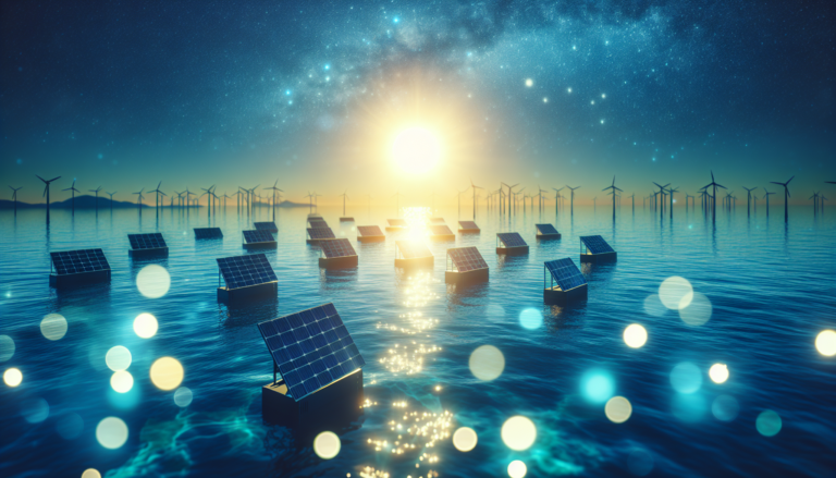 Esquema detallado de la combinación entre Energía Solar Marítima y Energía Solar sobre un fondo marino y energético.
