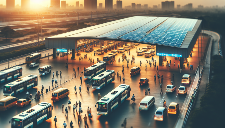 Fusión de la Estación de Autobuses y la Energía Solar en una imagen visualmente impactante, representando la convergencia de dos importantes aspectos de la sostenibilidad urbana. Imagen de la mezcla entre la Estación de Autobuses y la Energía Solar, ilustrando la integración de estos dos elementos clave en la movilidad y la sostenibilidad urbanas.