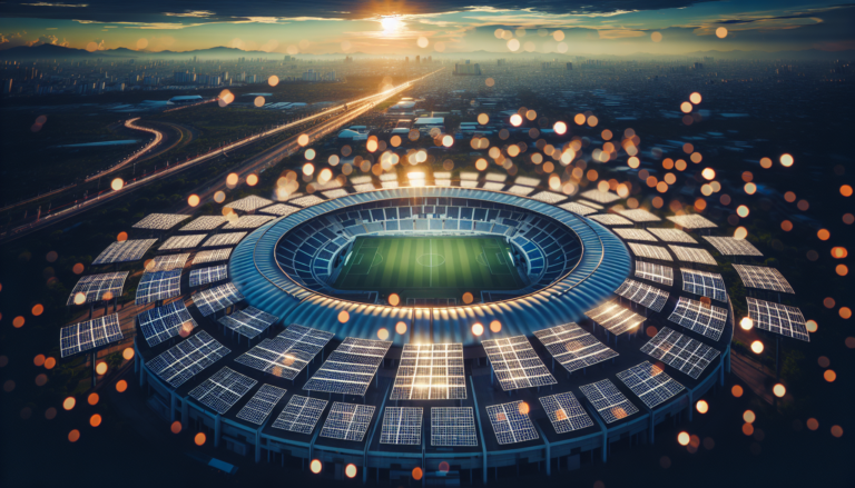 Fondo con mezcla de Estadio Deportivo y Energía Solar junto a un esquema representando la temática deportiva, en tonos verdes y azules. Símbolo de deporte y sostenibilidad fusionados.