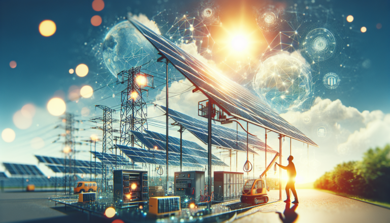 Fondo que combina una vista panorámica de la Estructura de Montaje en un entorno de Energía Solar, junto a un esquema representativo del proceso de montaje. Concepto visual que fusiona eficiencia y sostenibilidad en la producción de energía renovable. Estructura de Montaje en un entorno solar junto a esquema de montaje. Eficiencia y sostenibilidad en la producción de energía renovable.