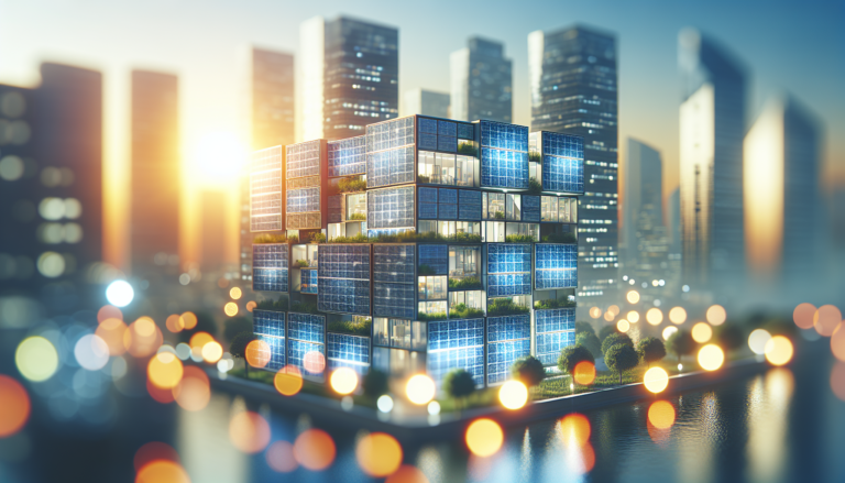 Fachadas Fotovoltaicas integradas con la Energía Solar representadas en una moderna imagen, con un esquema detallado y un fondo ilustrativo. Esquema y fondo de Fachadas Fotovoltaicas y Energía Solar combinadas en una imagen ilustrativa.