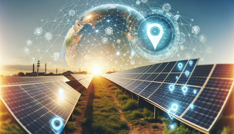 Ilustración de la integración de Geolocalización y Energía Solar: un fondo con motivos de paneles solares contrastando con un esquema de Geolocalización. Fondo de paneles solares y esquema de Geolocalización representando la integración de ambas temáticas.
