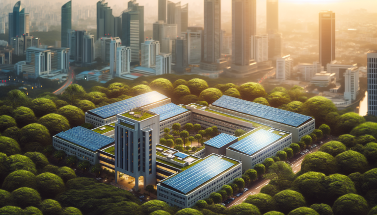 Imagen de un centro médico sostenible con paneles solares en su estructura, combinando la funcionalidad hospitalaria con la energía solar. En primer plano, un esquema representando la atención sanitaria. Centro médico sostenible con paneles solares y esquema de un hospital. Imagen ilustrativa sobre hospital y energía solar.