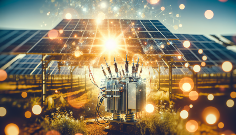 Imagen de un transformador de corriente integrado en el contexto de la energía solar, representado a través de un fondo que mezcla la tecnología del transformador con la energía solar y un esquema simbolizando su funcionamiento. Esquema de transformador de corriente en un entorno de energía solar, mostrando la integración de la tecnología transformadora en el ámbito de energía renovable.
