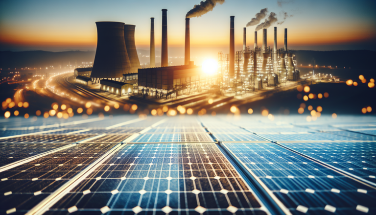 Ilustración de la transición energética hacia la energía solar, representada por un fondo que mezcla conceptos de sostenibilidad y tecnología junto a un esquema simbolizando el cambio hacia fuentes renovables. Esquema ilustrativo de la transición hacia la energía solar con fondo tecnológico y sostenible.