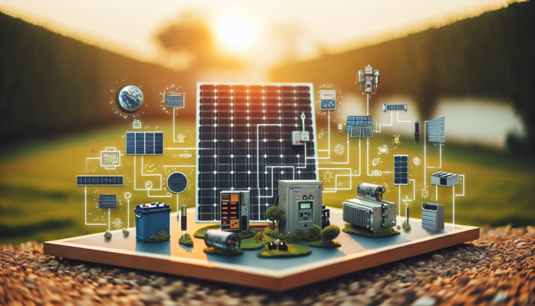 Fondo mostrando energía solar y esquema ilustrando componentes. Detalle de paneles solares y sistemas de conversión. Ilustración didáctica de los elementos clave en energía solar.