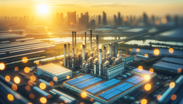 Edificios Industriales combinados con Energía Solar: una visión de sostenibilidad y eficiencia energética en la industria. Destaca la integración de paneles solares en la arquitectura moderna. Edificios Industriales con paneles solares integrados en diseño innovador, representando eficiencia energética y sostenibilidad.