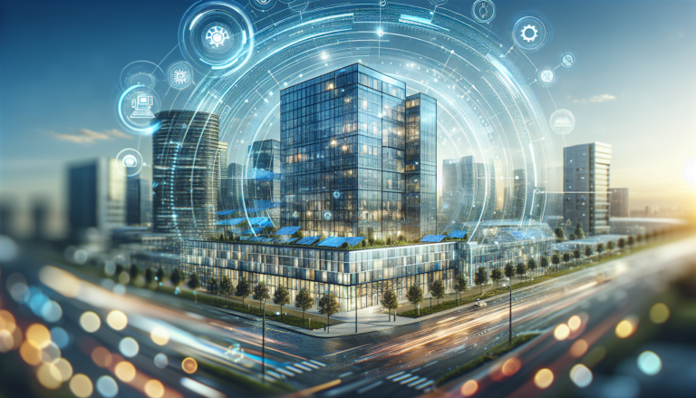 Esquema representativo de Edificios Inteligentes integrando energía solar en su diseño arquitectónico, fusionando sostenibilidad y eficiencia energética. Esquema de Edificios Inteligentes con integración de energía solar para sostenibilidad y eficiencia energética.