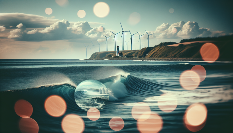 Fondo ilustrativo de 'Energía Marítima' fusionado con esquema simbólico sobre energía solar en entorno marino, reflejando la unión de ambas fuentes energéticas.