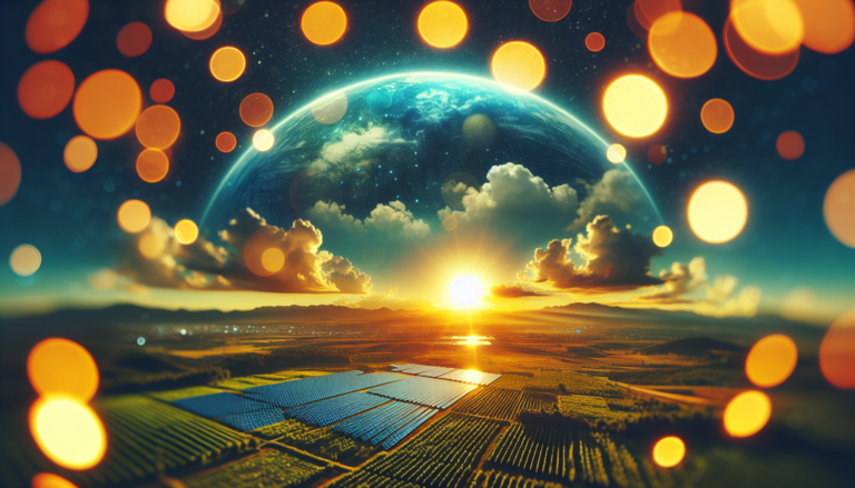 Fondo que ilustra la relación entre Huella de Carbono y Energía Solar, junto a un esquema representativo de la influencia ambiental de la producción energética, sutil pero impactante. Fondo simbólico de la interacción entre Huella de Carbono y Energía Solar con un esquema energético detallado.