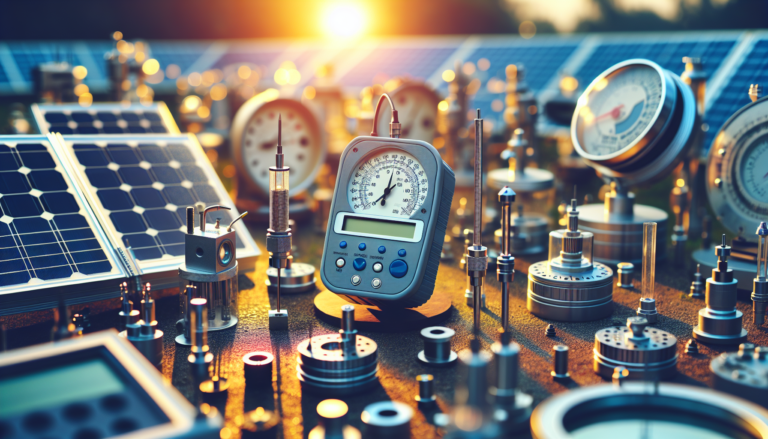 Fondo con Instrumentos de Medida y Esquema de Energía Solar para medir la eficiencia de paneles fotovoltaicos y controlar la radiación solar. Ilustración con elementos de ambas áreas. Fondo con instrumental solar y esquema de medición. Eficiencia paneles y radiación solar. Instrumentos de Medida en Energía Solar.