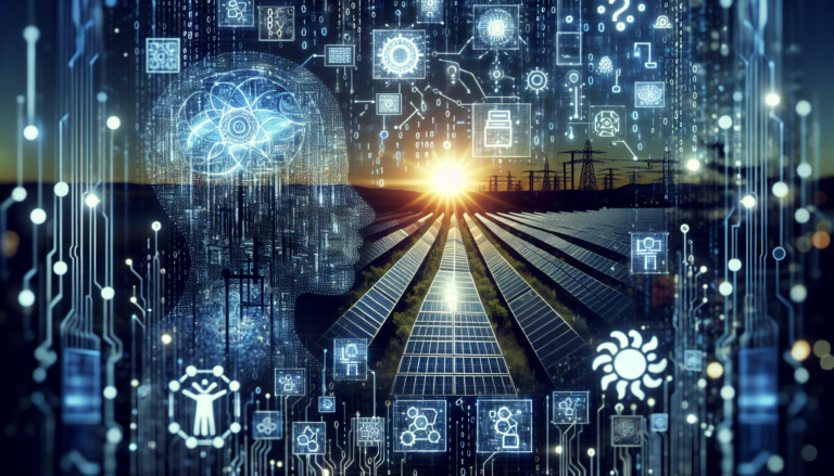 Ilustración que combina elementos de la 'Inteligencia Artificial' y la 'Energía Solar'. Muestra un fondo representativo y un esquema simbólico acerca de estos temas. Ilustración de 'Inteligencia Artificial' y 'Energía Solar' con un fondo y un esquema adecuados para la temática. Combinación visual de conceptos.