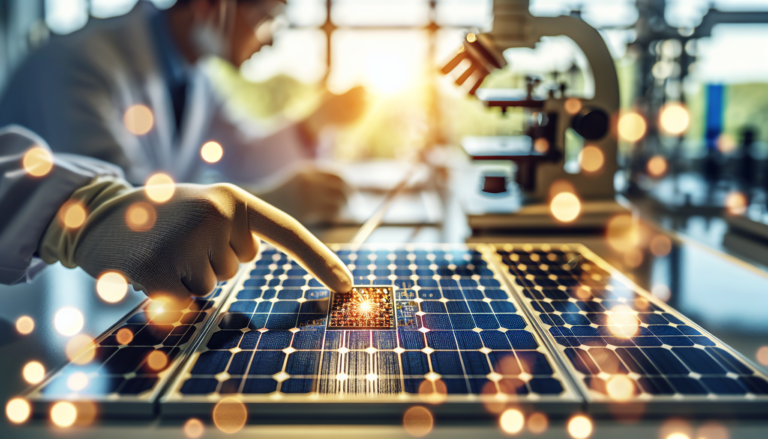 Innovación y Desarrollo en Energía Solar: Foto conceptual de I+D en un fondo de energía solar y un esquema simbolizando la investigación y desarrollo. Temas unidos en una imagen. Imagen de I+D en Energía Solar: Fondo fusionado de energía solar e innovación, con un esquema que representa investigación y desarrollo para energía limpia.