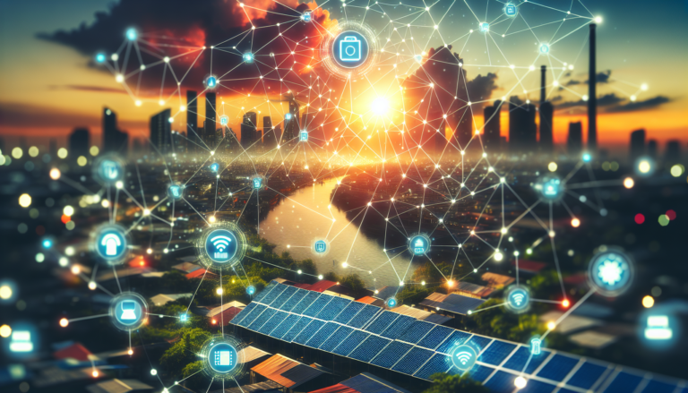 Imagen de un fondo que combina conceptos de IoT y Energía Solar junto a un esquema simbolizando la temática IoT. Representación gráfica de la convergencia entre tecnología y energía renovable. Fondo fusionando IoT y Energía Solar con un esquema representativo. Símbolos visuales de la integración de tecnología y energía limpia.