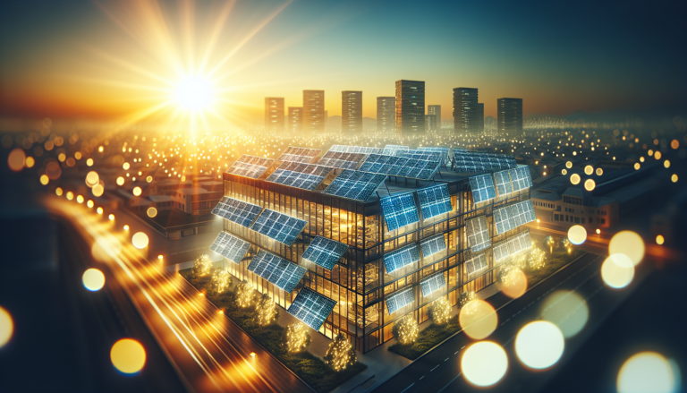 Fondo con la palabra LEED integrada en un diseño que fusiona la temática de LEED con la energía solar, acompañado de un esquema que simboliza la eficiencia energética. Concepto innovador y sostenible. Diseño artístico que combina la palabra LEED con la energía solar, transmitiendo la idea de eficiencia y sostenibilidad. Esquema temático de certificación LEED visible.