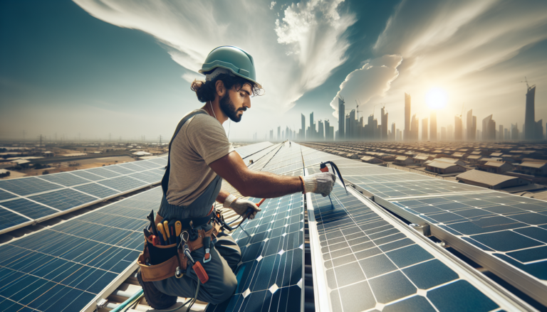 Energía solar y cuidado: fusión vital para garantizar el rendimiento óptimo. Esquema de mantenimiento esencial tarareando la danza del sol y limpieza de paneles. Fondo abstracto que fusiona mantenimiento energía solar con esquema simbólico. Importancia del cuidado en la eficiencia energética.