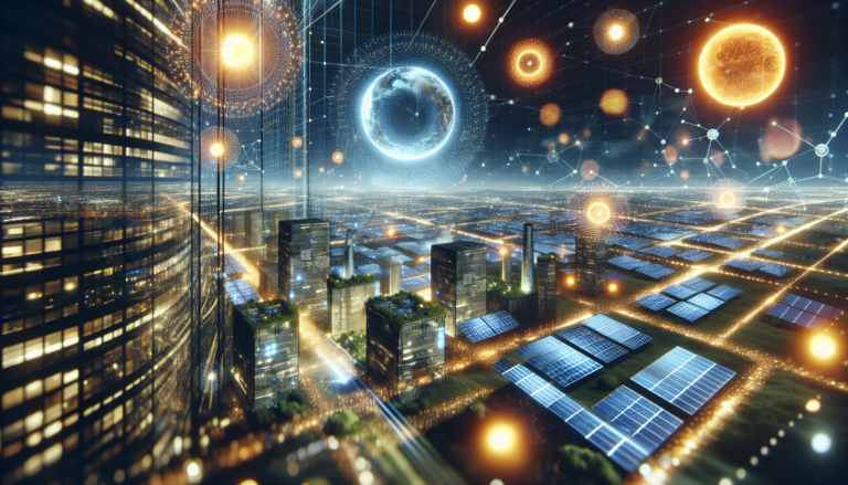 Innovación en el Metaverso: Fusionando la energía solar con la tecnología de vanguardia en una visión del futuro sostenible. Ilustración: Metaverso y energía solar se combinan, representado por un fondo cautivador y un esquema simbólico.