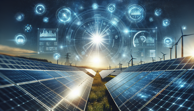 Esquema simbólico de monitorización en Energía Solar sobre un fondo ilustrativo. Representa el control y seguimiento en la producción y gestión de energía solar. Elementos técnicos integrados en un entorno natural. Esquema de monitorización en Energía Solar sobre fondo mixto. Control y seguimiento en la producción de energía solar. Elementos técnicos fusionados con la naturaleza en imagen ilustrativa.