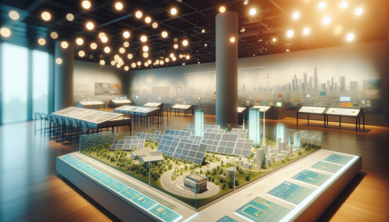 Descubre la fusión de historia y tecnología en un museo de energía solar, donde el pasado y el futuro se entrelazan en una exposición única. Imagen de un museo de energía solar con elementos históricos y tecnológicos combinados, mostrando un esquema simbólico.