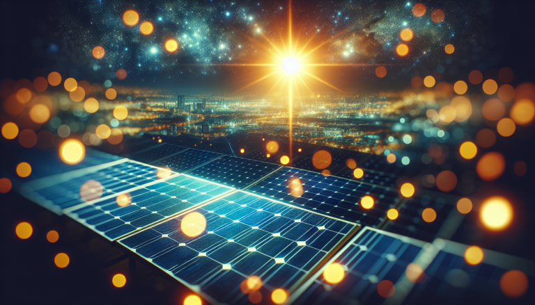 Fondo de Paneles Solares Fotovoltaicos y Energía Solar combinados con un esquema simbolizando la temática. Representación visual de la generación de energía limpia y renovable. Paneles Solares Fotovoltaicos y Energía Solar fusionados en un fondo con esquema representativo. Ilustración visual de sostenibilidad energética.