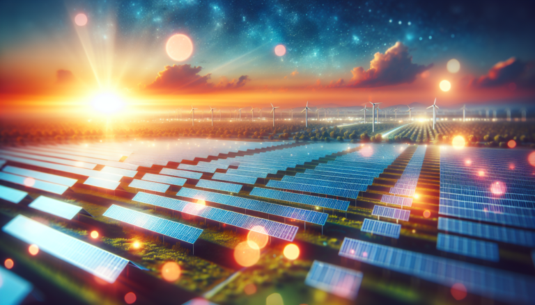 Vista panorámica de un Parque Solar integrado con paneles solares, destacando el potencial de la Energía Solar en espacios verdes. Esquema detallado y colorido representa la eficiencia y sostenibilidad enérgetica. Imagen conceptual de Parque Solar en armonía con la Energía Solar. Esquema ilustrativo de la arquitectura y disposición de paneles solares en un paisaje ambientalmente amigable.