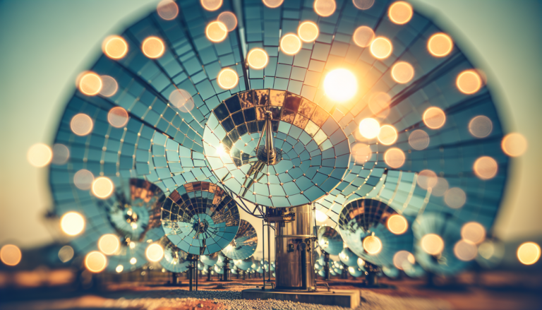 Plantas de Concentración Solar generando Energía Solar mediante espejos y torres, representado en un diseño gráfico visualmente atractivo.